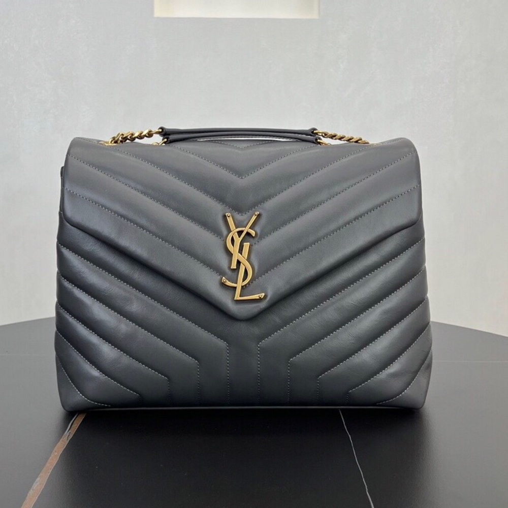 Saint Laurent Medium Loulou Flap Bag Grey Matelasse Leather Gold Logo